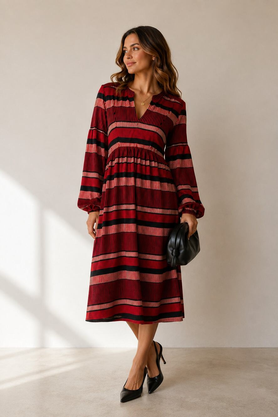 Traffic People Metallic Stripe Knit Midi Dress Lantern Sleeve Red Black Medium